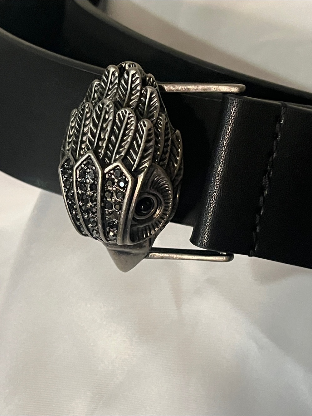 Kurt Geiger Black Leather Belt Silver Metal Owl Bird Buckle Size M/L Beautiful